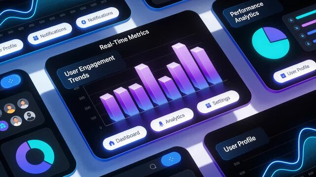 Information graphics displaying user engagement trends on dark screen. Performance statistics and real-time metrics for business management platform. Seamless loop
