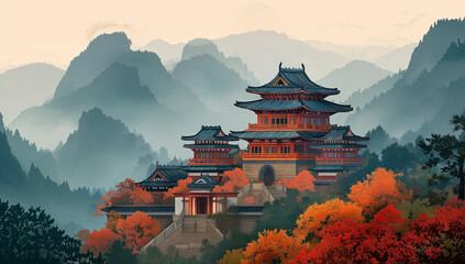 Obraz premium Ancient Asian Temple Complex Amidst Autumn Mountains