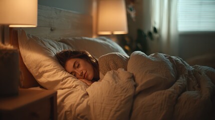 Moonlit bedroom serenity: a sleeping woman under soft lighting among plush pillows