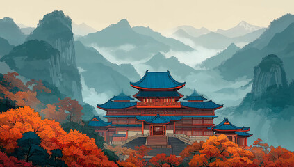 Majestic Asian Temple Amidst Autumn Mountain Scenery