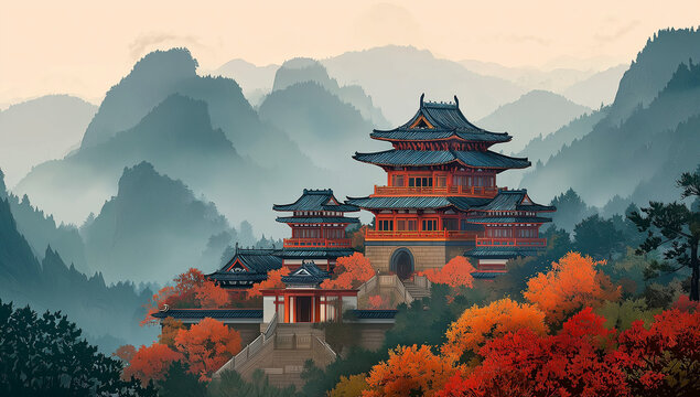 Ancient Asian Temple Complex Amidst Autumn Mountains - Powered by Adobe