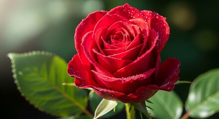 Vibrant red rose glistening with morning dew, symbolizing love and beauty in soft sunlight.