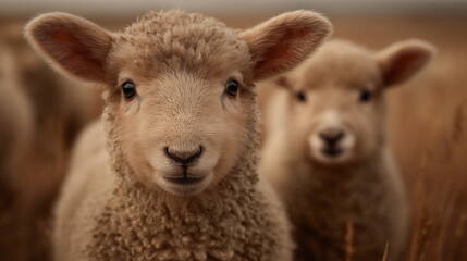 Obraz premium Two adorable lambs gaze at the camera amidst golden field grass, capturing a serene farm vibe in soft, warm tones.