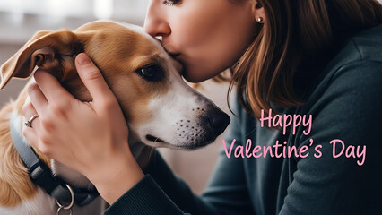 Woman kisses her dog on valentine's day