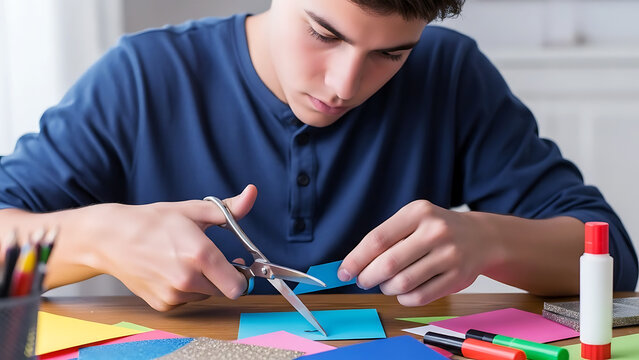 Teenager crafting with paper and scissors