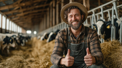 A cheerful farmer gives a thumbs up in a barn filled with cows and straw, showcasing his love for farm life and animal husbandry.