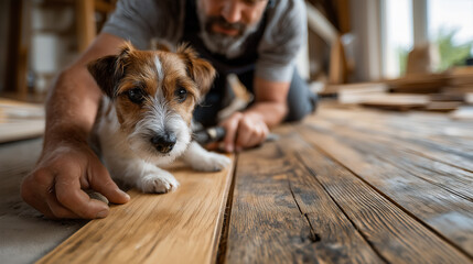Obraz na płótnie Canvas A person works on flooring installation, lovingly accompanied by a curious dog watching closely, creating a warm atmosphere of home improvement.