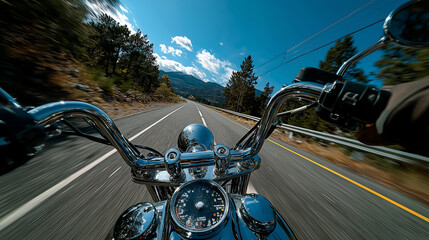 A dynamic shot from a motorcycle's handlebars, zooming down a scenic road surrounded by lush trees and a clear blue sky.