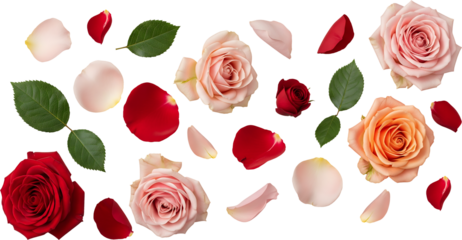A scattering of delicate rose petals and blooms in shades of pink red and orange on transparent background, PNG