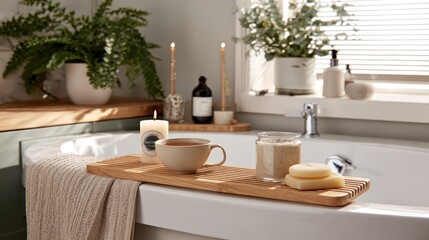 Fototapeta premium Wooden bathtub caddy holds relaxing bath accessories next to a bright window