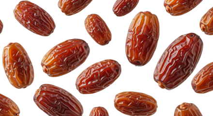 A scattered collection of various medjool dates with detailed textures showcasing their rich color on transparent background