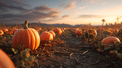 Harvest Season's Embrace: An expansive pumpkin patch glows in the soft light of the setting sun, promising the arrival of autumn's festive harvest. 