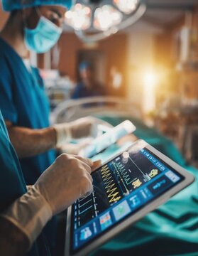 Lead Surgeon Reviews Critical Brain Scans Displayed on a Monitor as Well as Health Data on a Tablet Computer. Her Team Preparing as She Plans the Surgical Approach for the Operation