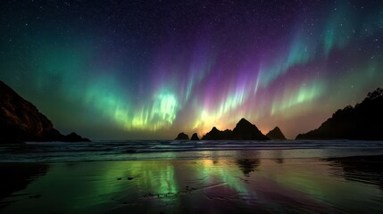 Northern lights over a remote coastal shore, waves washing the sand under a green glow