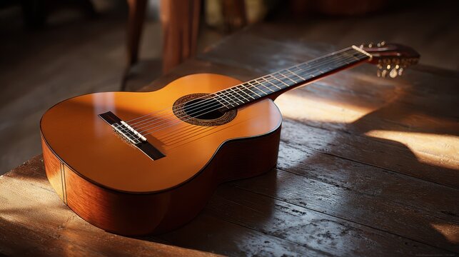 Nylon-string acoustic guitar shown in full-front view, showcasing natural wood grain and curves - Powered by Adobe