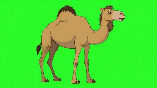 Animated camel standing on green screen with cheerful expression 4k video