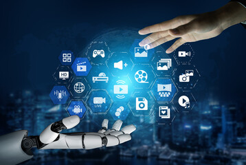 Fototapeta premium AI assisted multimedia with video, audio, photo and streaming icons showing modern digital communication and online entertainment platforms Entice