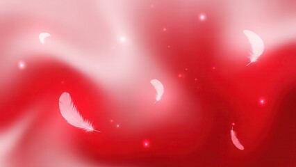 Feathers drift across a vibrant, glowing red background with soft white highlights.