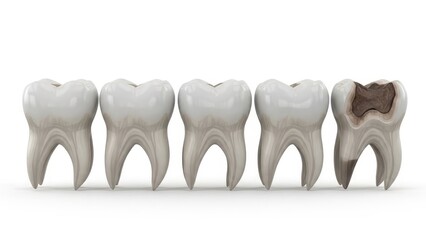 Five Molars In A Row With One Decayed Tooth.