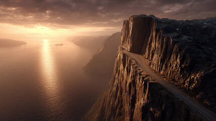 Scenic road on a cliff overlooking water and mountains during sunset near a calm sea with reflection of the sun on the surface