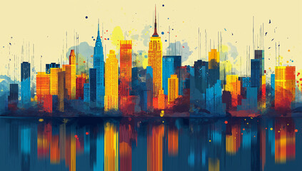 Obraz premium Colorful abstract New York City skyline with water reflections Keywords: New York City, skyline