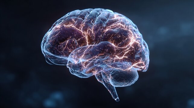 AI generated image of modern 3d human brain rendering visualizing electrical seizure activity and  for neurology concepts