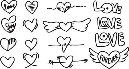 A diverse set of hand drawn heart shapes and romantic messages in simple black outlines
