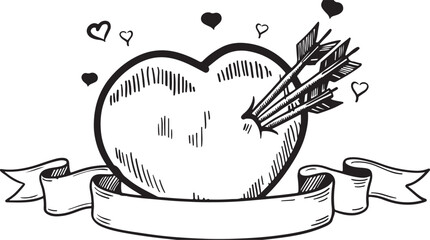 A heart dramatically pierced by multiple arrows is shown with a blank ribbon banner and smaller hearts