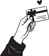 A persons hand offers a gift card with a bow and a floating heart
