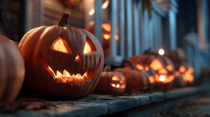Halloween pumpkin decorations: A row of illuminated jack-o'-lanterns line a porch, their carved faces aglow with an eerie light, setting a spooky ambiance for a Halloween night. 