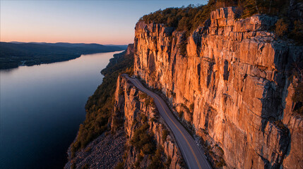 Sunset view along the winding road beside the river and cliffs in a mountainous area with trees on the rocky ledge