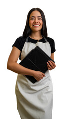 Smiling server holding a tablet, representing hospitality and modern service