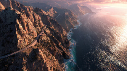 Coastal road along cliffs overlooking ocean at sunset with rocky shoreline in the background
