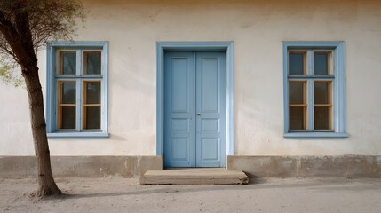 Traditional white house facade with a light blue double door and flanking