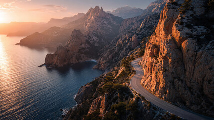 Scenic view of rocky coastline with winding road and sunset sky over the water in coastal area