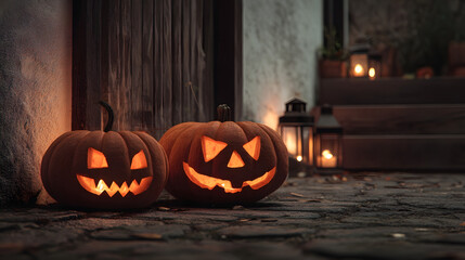 Jack-o'-Lanterns and Lanterns: The soft glow of candlelight illuminates carved pumpkins and vintage lanterns, creating an eerie ambiance for a festive Halloween night.