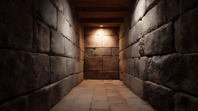 Dimly lit ancient stone corridor passage with rough hewn walls and a warm light illuminating the far end creating a mysterious atmosphere