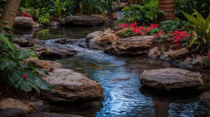 Flowing water cascades over large smooth stones amidst lush tropical foliage and vibrant red blossoms.