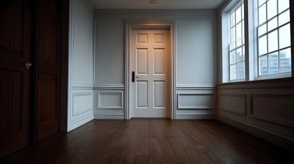 Obraz premium A dimly lit interior hallway with a white paneled door a dark wooden door and a large window revealing a city view