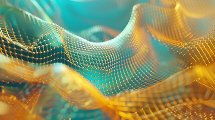 Abstract Network: A vibrant abstract representation of interconnected nodes, forming a complex network in a field of teal and gold, evokes a sense of connectivity and digital intricacy.