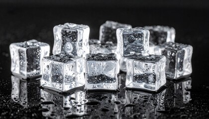 Close-up of clear ice cubes on a wet, black surface, glistening with condensation