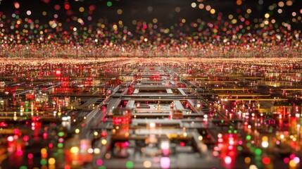 Intricate digital circuit board patterns illuminate the technological landscape with vibrant, unfocused light sources.