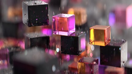 Translucent and opaque geometric solids float and cascade in a vibrant, illuminated environment