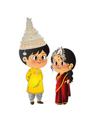 Obraz premium bengali wedding couple cartoon illustration traditional indian bride groom vector
