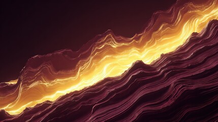 Abstract depiction of luminous energy flowing through dark, undulating geological formations