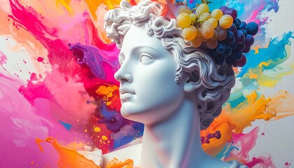 A white bust of a man with grapes atop his head is set against a vibrant splash