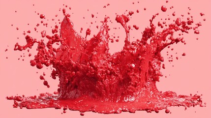 Vivid red viscous liquid bursts upward creating a dynamic crown shape against a pale background