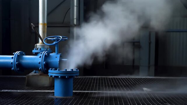 Blue industrial valve releasing steam in factory