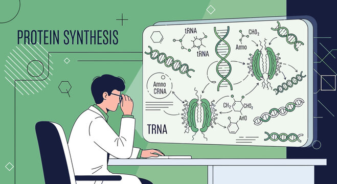 Illustration depicting protein synthesis with a scientist studying molecular structures on screen