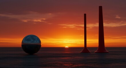 3d rendering of metallic objects on water at sunset